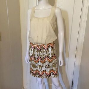 Jessica‎ Simpson Contrast Dress Creme Multi Sequin Tribal Print Skirt, 6